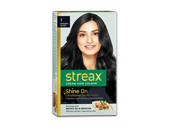 Streax Cream Hair Colour Shine On 1 Natural Black, 50 Gm+ 50 Ml